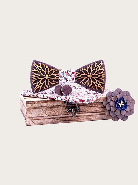 Coffret Noeud Papillon en Bois + Boutons de manchette + Broche en Bois Homme - Hoya - Wood&Chic