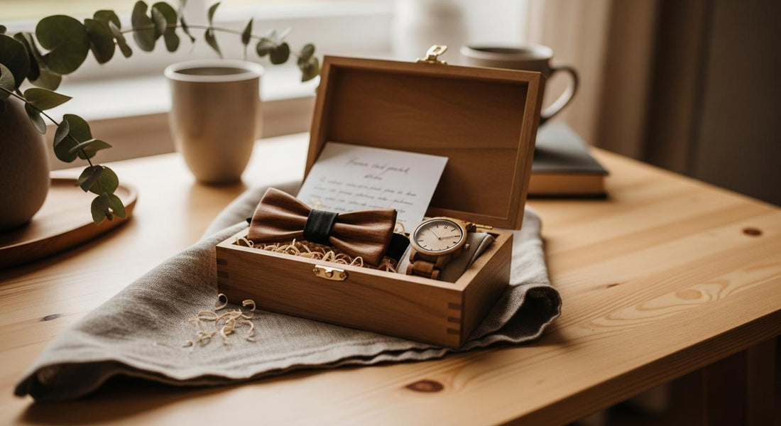 Coffret en bois ouvert avec montre et nœud papillon en bois sur une table, lumière douce près d’une fenêtre
