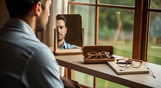 Homme essayant des lunettes en bois devant un miroir, deux montures sur un étui en liège