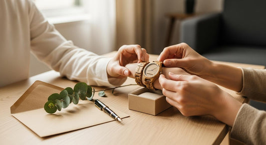Montre en bois gravée sur un coffret, offerte dans un intérieur chaleureux, mains qui l’attachent au poignet