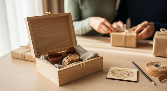 Coffret cadeau en bois avec accessoires en bois, posé sur une table, lumière douce dans un intérieur chaleureux