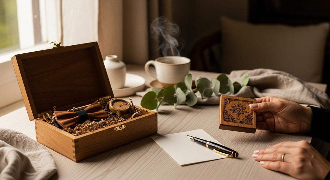 Coffret cadeau en bois ouvert avec montre et nœud papillon, sur une table, ambiance chaleureuse