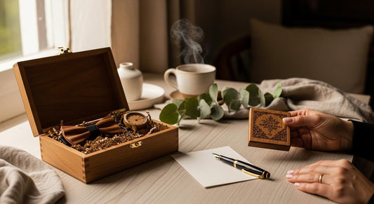 Coffret cadeau en bois ouvert avec montre et nœud papillon, sur une table, ambiance chaleureuse