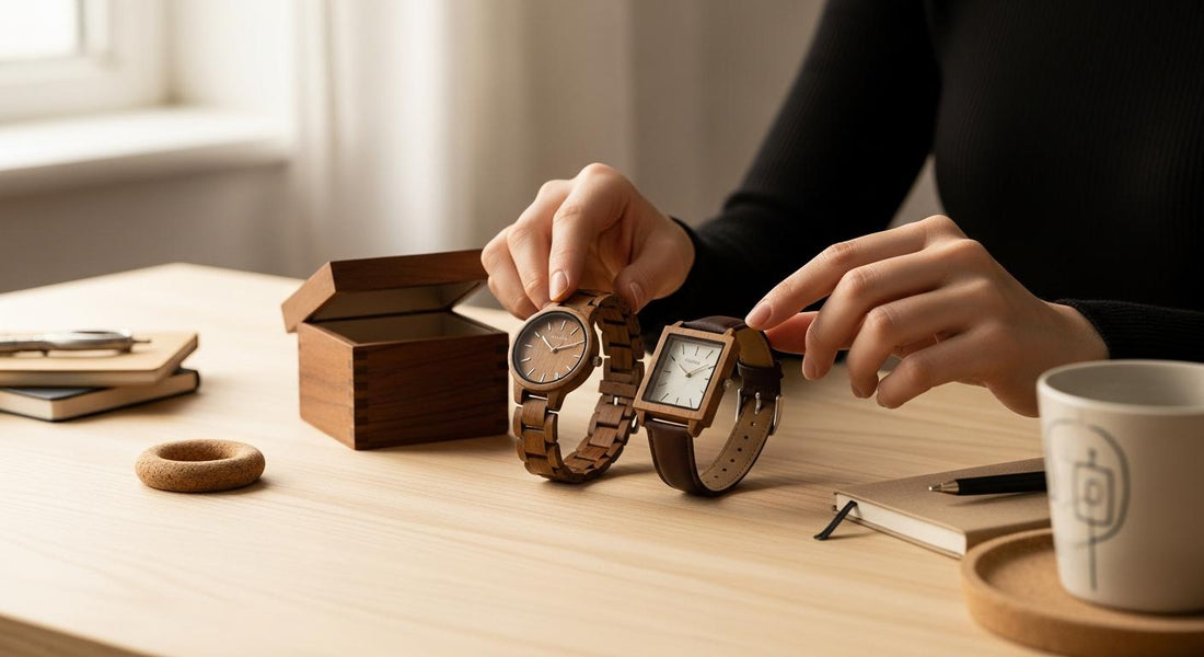 Deux montres en bois comparées sur une table en bois, près d’un coffret cadeau, lumière naturelle douce