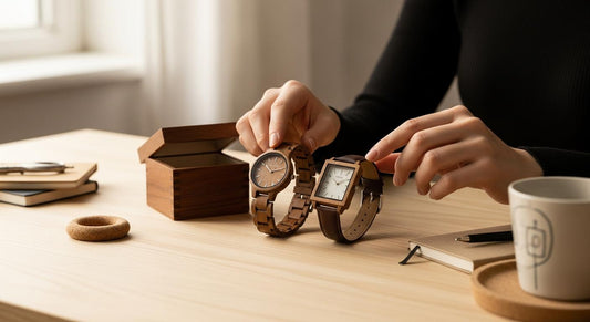 Deux montres en bois comparées sur une table en bois, près d’un coffret cadeau, lumière naturelle douce