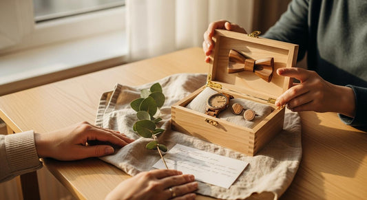 Coffret cadeau en bois avec montre et nœud papillon, offert sur une table près d’une fenêtre