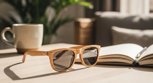 Lunettes de soleil en bois polarisées posées sur une table, près d’un carnet et d’une tasse, en lumière naturelle