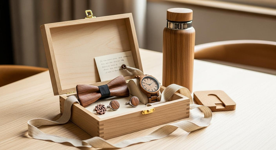 Coffret cadeau ouvert avec accessoires en bois sur une table, lumière douce près d’une fenêtre