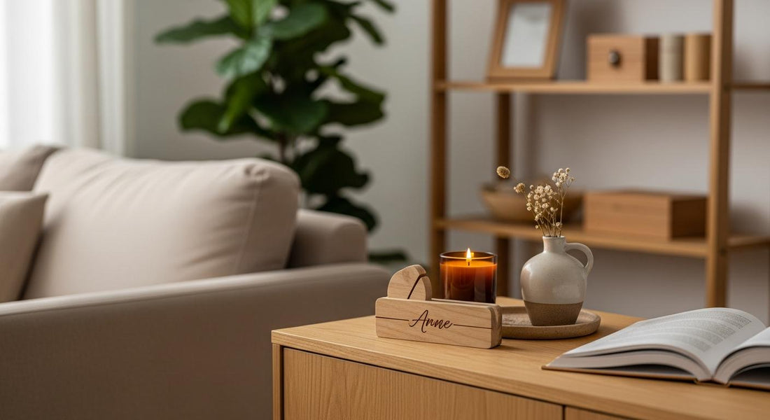 Objet déco en bois personnalisé posé sur un buffet, dans un salon lumineux aux matières naturelles