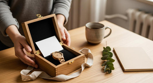 Montre en bois dans un coffret cadeau ouvert sur une table, lumière douce, main prête à l’offrir