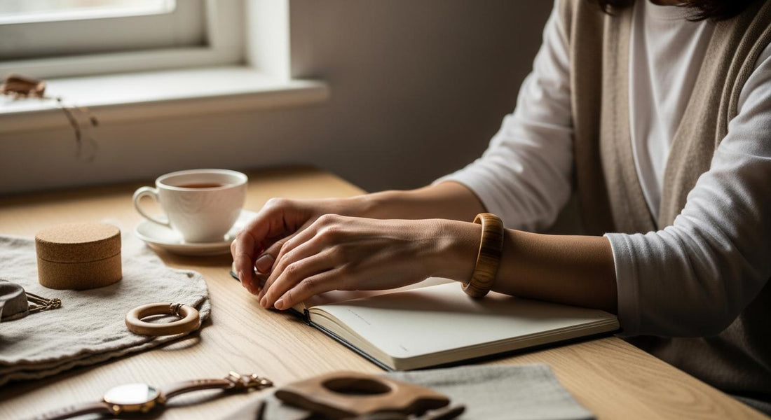 Femme près d’une fenêtre portant un bracelet en bois, mains posées sur une table avec carnet et tasse de thé