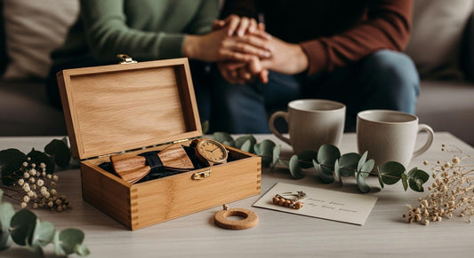 Coffret en bois avec montre et nœud papillon sur table, ambiance douce de Saint-Valentin en intérieur