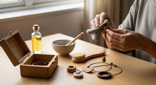 Mains nettoyant un bijou en bois avec un chiffon, près d’une boîte à bijoux en bois sur une table