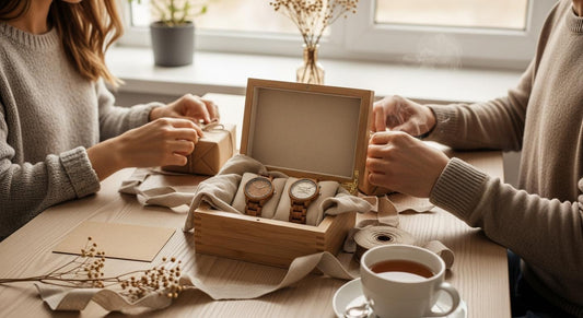 Deux montres en bois dans un coffret, couple préparant un cadeau sur une table en bois près d’une fenêtre