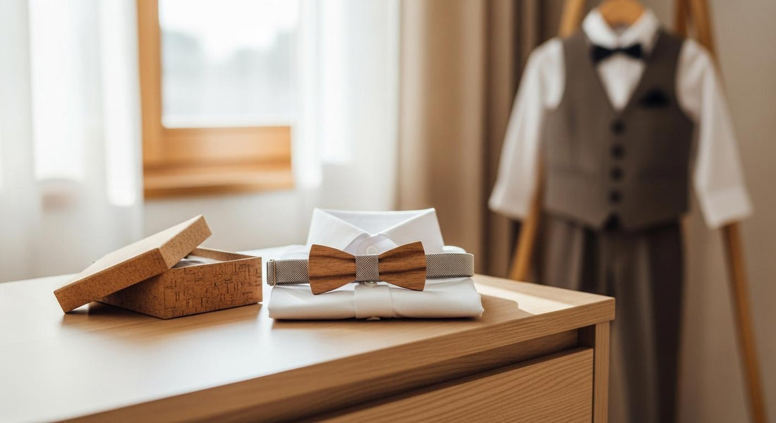 Nœud papillon en bois pour enfant posé près d’une chemise blanche et d’un coffret en liège, lumière douce