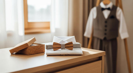 Nœud papillon en bois pour enfant posé près d’une chemise blanche et d’un coffret en liège, lumière douce