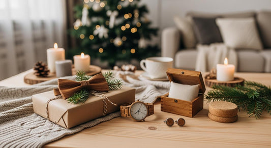 Cadeau de Noël en papier kraft sur table, avec montre et nœud papillon en bois dans un salon chaleureux