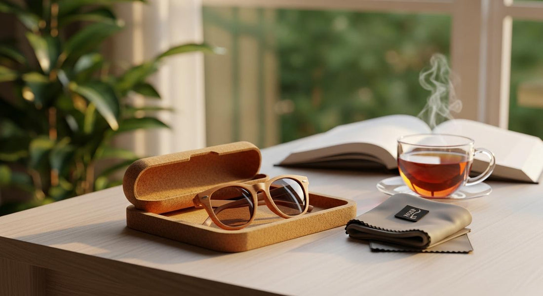 Lunettes de soleil en bois sur un plateau en liège, près d’une fenêtre, avec étui et livre en arrière-plan