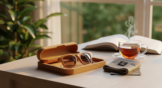 Lunettes de soleil en bois sur un plateau en liège, près d’une fenêtre, avec étui et livre en arrière-plan
