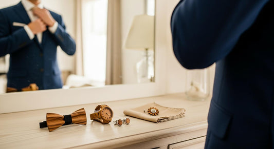 Accessoires en bois pour homme posés sur une commode avant une cérémonie, avec costume en arrière-plan