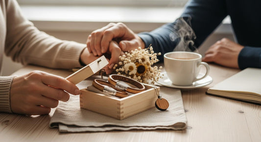 Couple ouvrant un coffret en bois avec bracelets et pendentif en bois, sur une table lumineuse et cosy