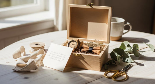 Coffret en bois ouvert avec montre et nœud papillon, sur une table près d’une fenêtre