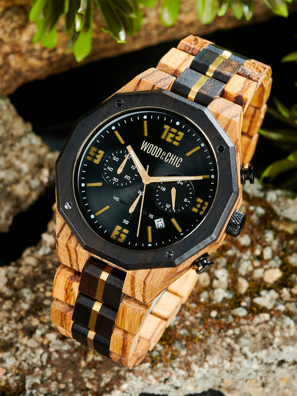 Montre En Bois Pour Homme Emibele - Chronographe Quartz Avec Date - Lumineuse Faite Main - 3 Cadrans