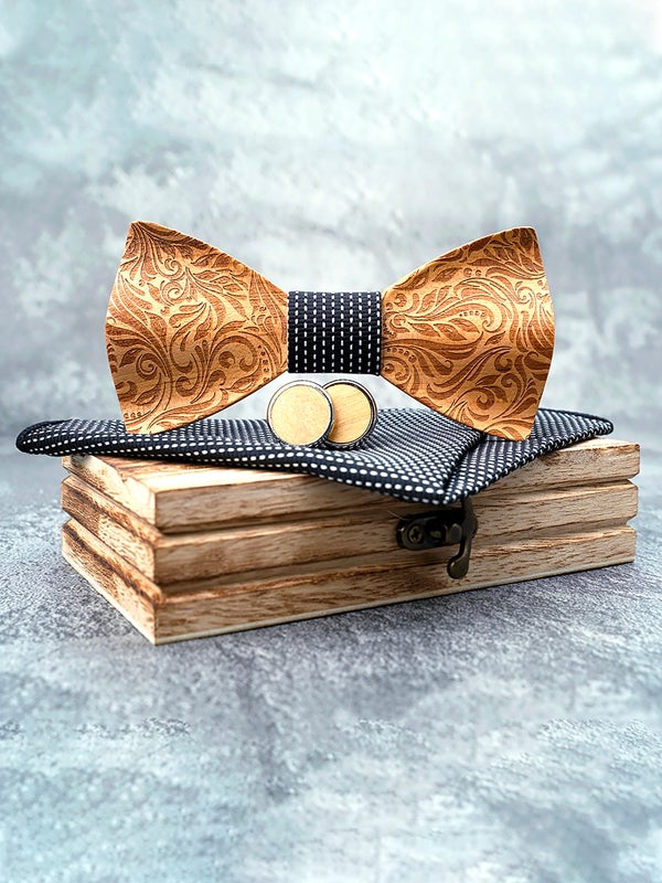 Coffret Noeud Papillon + Boutons de manchette en Bois Homme - Épinette - Wood&Chic