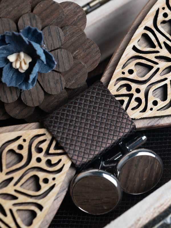 Coffret Noeud Papillon + Boutons de manchette + Broche en Bois Homme - Airelle - Wood&Chic