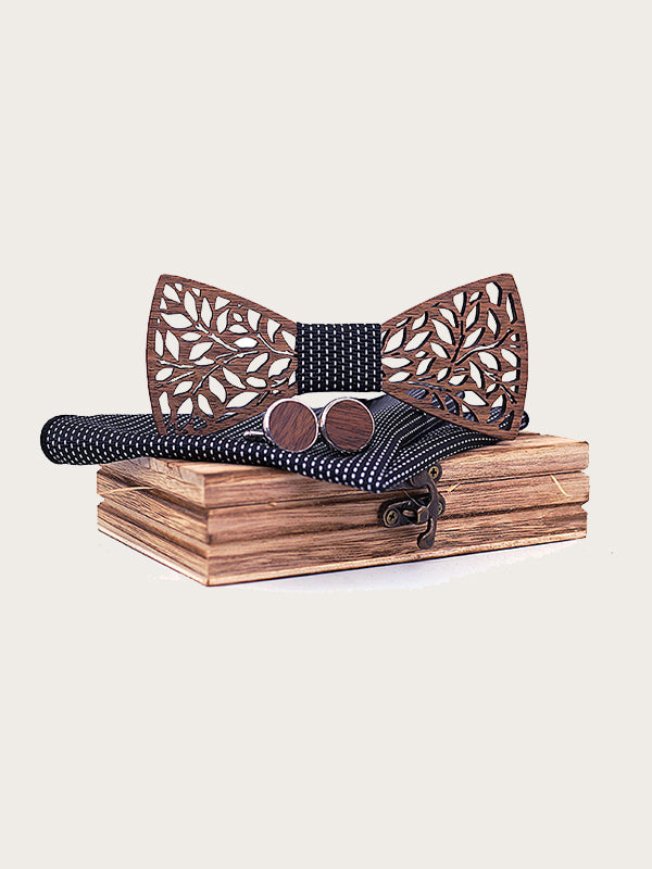 Noeud Papillon Bois 2pcs + Carré De Poche Set Homme - Fait Main Mariage Et Soirées Élégantes