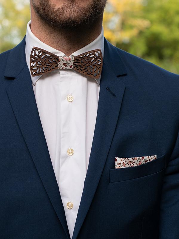SET PRODUCTS Nœud Papillon Bois Sculpté Marron + Pochette Bleue + Boutons De Manchettes – Fait Main, Mariage Dandy