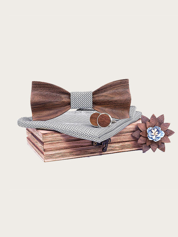 Coffret Noeud Papillon en Bois + Boutons de manchette + Broche en Bois Homme - Hêtre - Wood&Chic