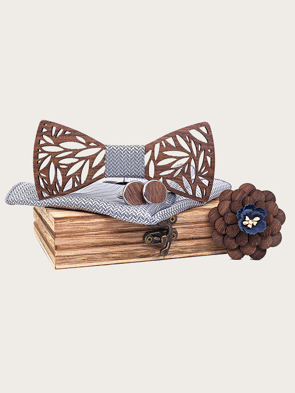 Noeud Papillon En Bois Coffret Cadeau Vintage Broche Mouchoir