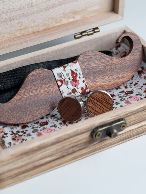 Coffret Noeud Papillon en Bois + Boutons de manchette en Bois Homme - Moustache - Wood&Chic