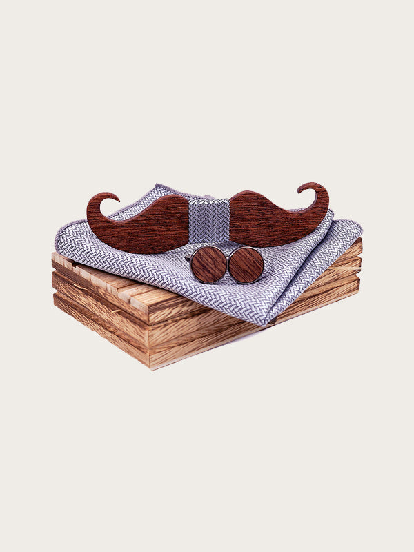 Coffret Noeud Papillon en Bois + Boutons de manchette en Bois Homme - Moustache - Wood&Chic