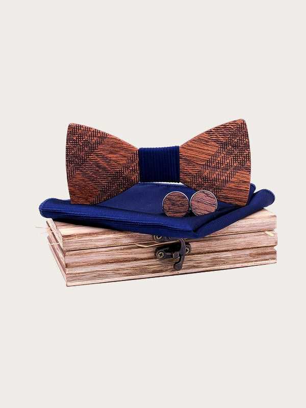 Coffret Noeud Papillon en Bois + Boutons de manchette en Bois Homme - Tartan - Wood&Chic
