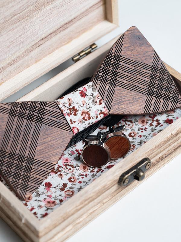Coffret Noeud Papillon en Bois + Boutons de manchette en Bois Homme - Tartan - Wood&Chic