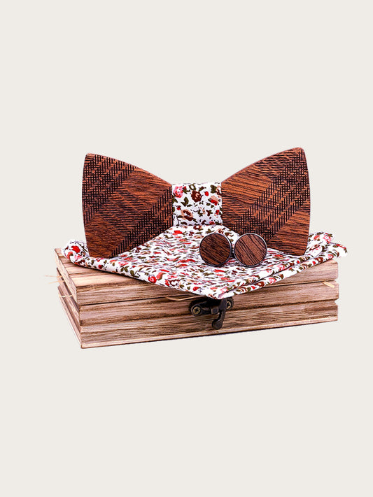 Coffret Noeud Papillon en Bois + Boutons de manchette en Bois Homme - Tartan - Wood&Chic