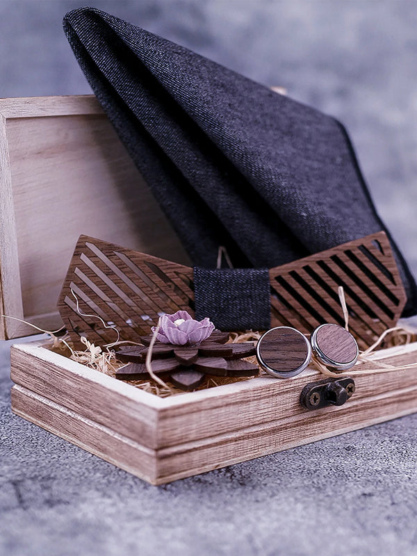Coffret Noeud Papillon en Bois + Boutons de manchette + Broche en Bois Homme - Pommier - Wood&Chic
